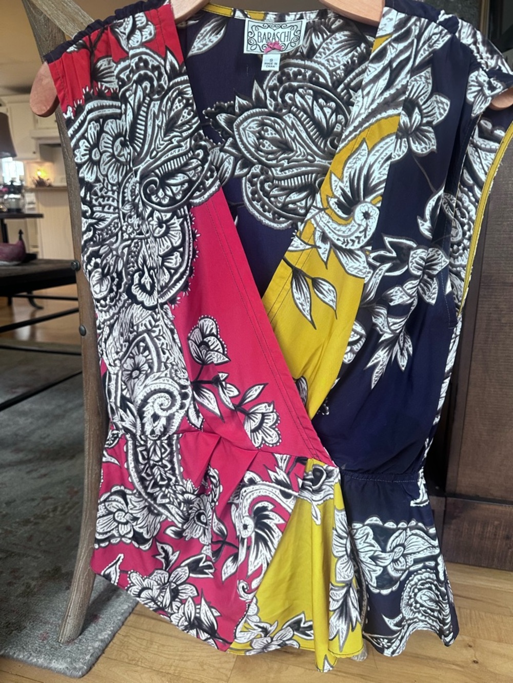 Yoana Baraschi Red, Mustard & Navy Floral Wrap Blouse. 
Size Small